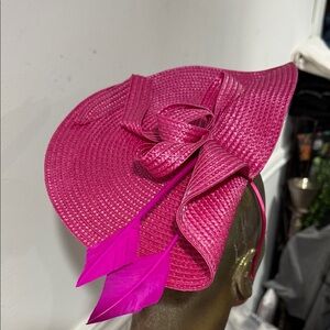 Elegant Pink hat Bow & feather clip on or with headband NEW